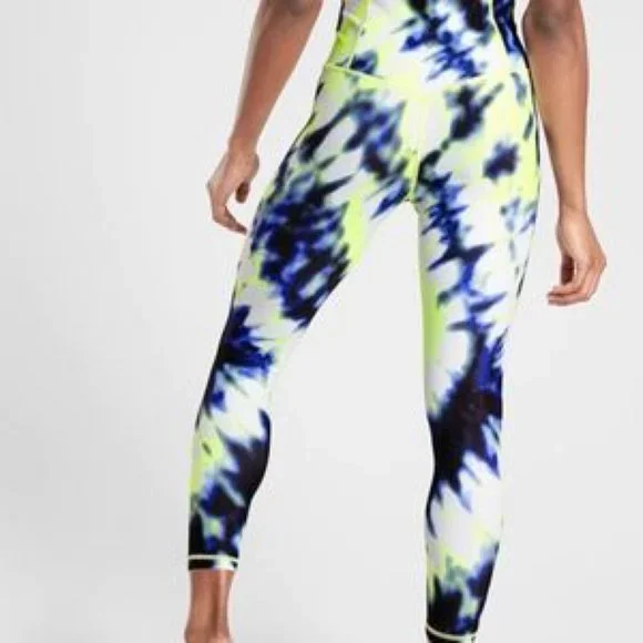 NEW ATHLETA Elation Tie Dye 7/8 Tight Blue White Yellow - Picture 2 of 4
